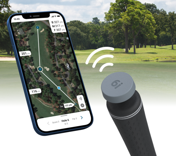 View of CONNEX tag in golf club shot tracking with a mobile phone with course in the background