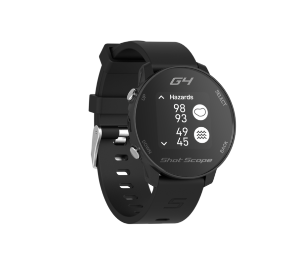 Front left view of Black G4 GPS watch with hazard screen