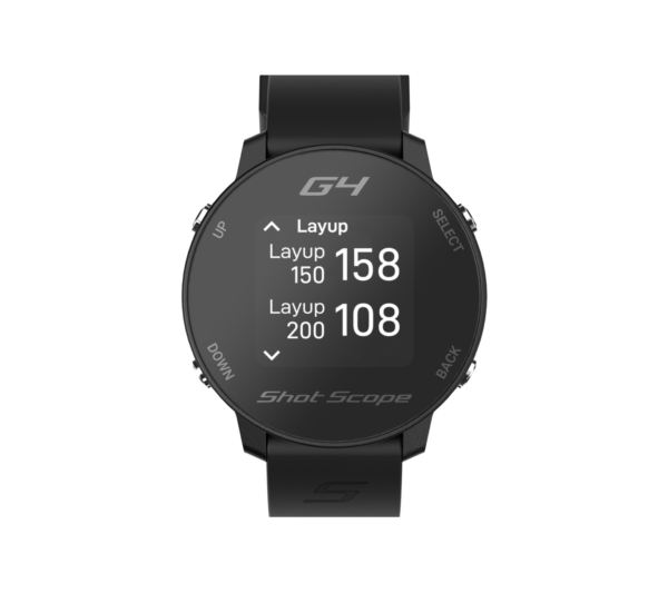 Front view of Black G4 GPS watch with layups screen