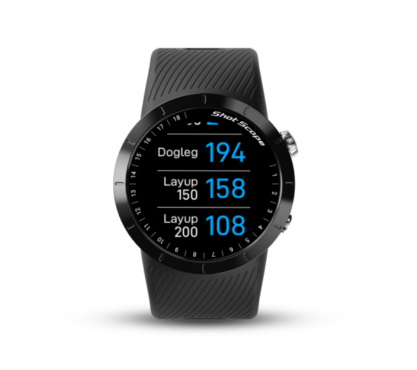 Front view of Prestige black X5 GPS watch with doglegs and layups