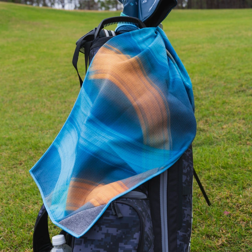 Shot Scope towel on golf bag