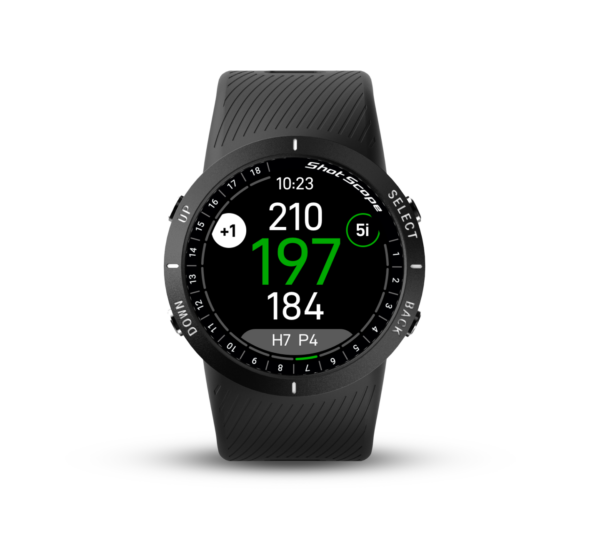 Front view of Black V5 GPS watch with front, middle and back screen in green