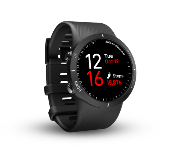 Front left view of Black V5 GPS watch with clockface