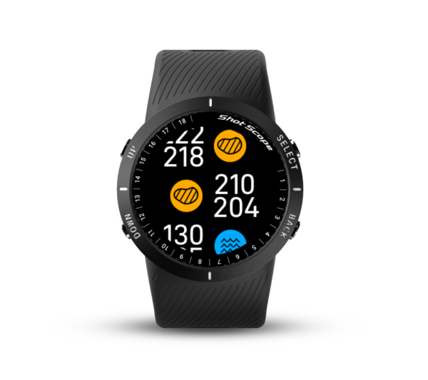 Front view of Black V5 GPS watch with hazards screen