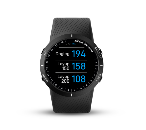 Front view of Black V5 GPS watch with doglegs screen