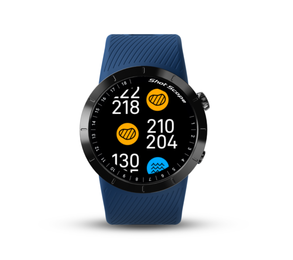 Front view of Navy X5 GPS watch with hazards view