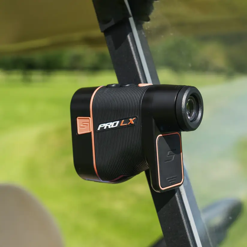 shot scope pro lx orange attached to a golf cart