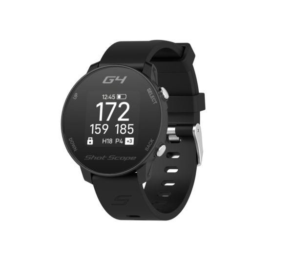 Front right view of Black G4 GPS watch with front, middle and back screen