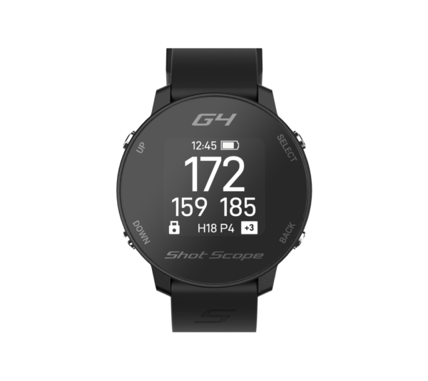 Front view of Black G4 GPS watch with front, middle and back screen