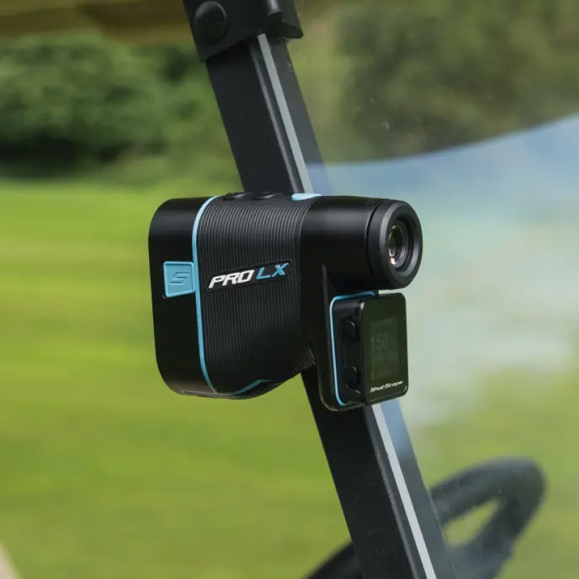 shot scope pro lx+ blue attached to a golf cart