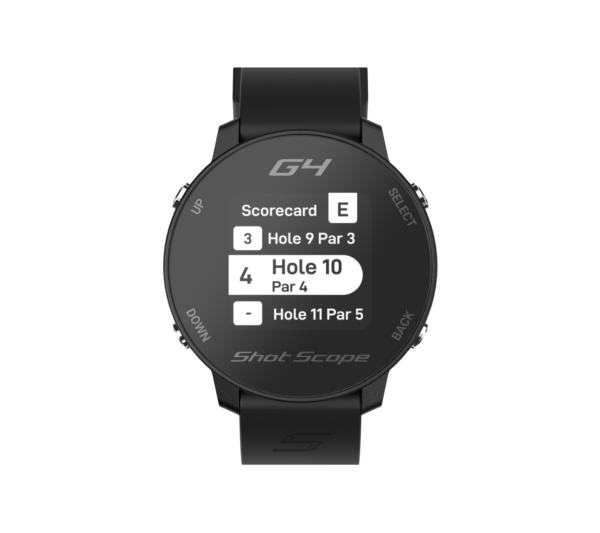 Front view of Black G4 GPS watch with scorecard