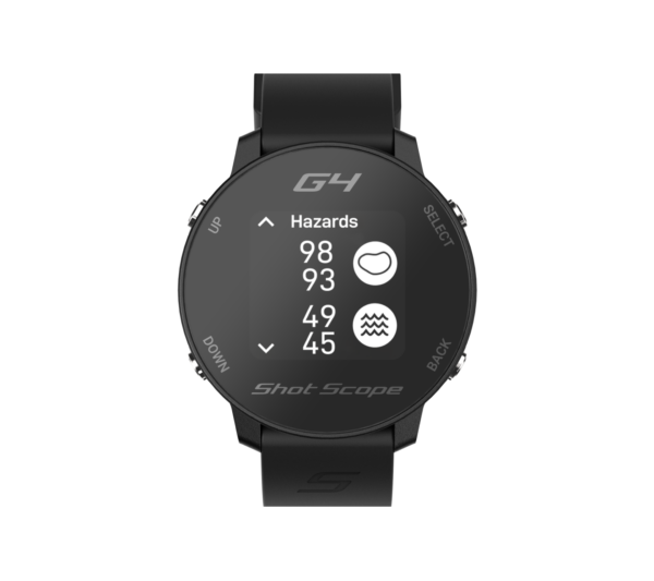 Front view of Black G4 GPS watch with hazard screen