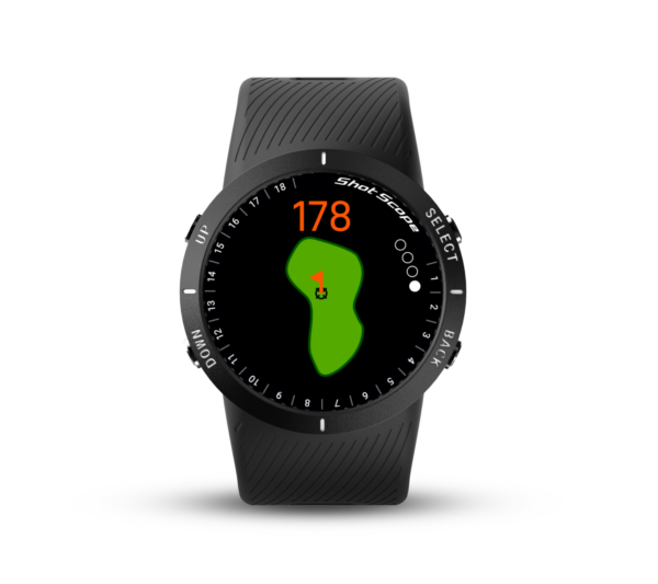 Front view of Black V5 GPS watch with green view