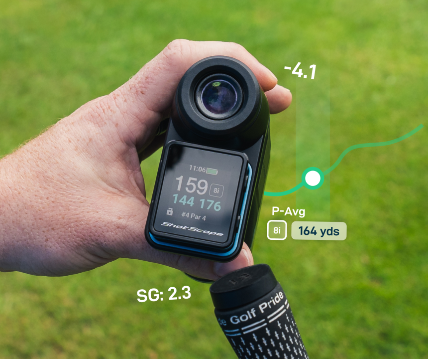 pro lx+ tagging a golf club with shot tracking tag with data overlayed on screen