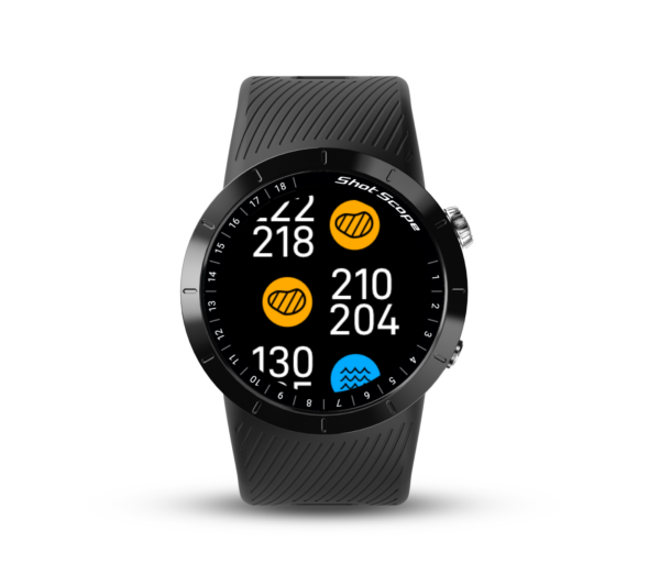 Front view of Prestige black X5 GPS watch with hazards view