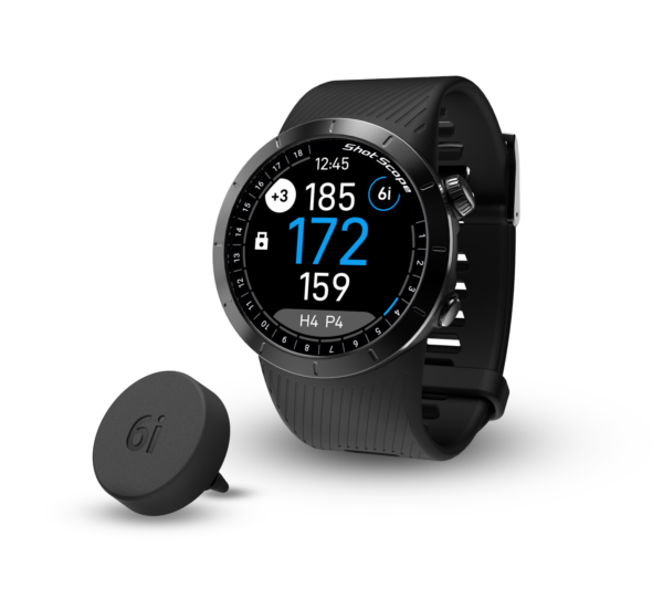 Front right view of stealth black X5 GPS watch with tracking tag