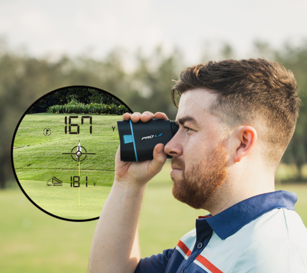 Male golfer using Blue PRO L2 rangefinder, side view with rangefinder optics