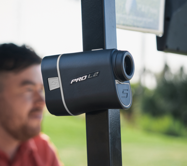 View of Grey PRO L2 rangefinder mounted on a golf cart