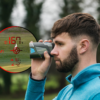 Male golfer using PRO ZR rangefinder, side view with rangefinder dual optics