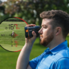 Male golfer using Orange PRO LX+ rangefinder, side view with rangefinder dual optics