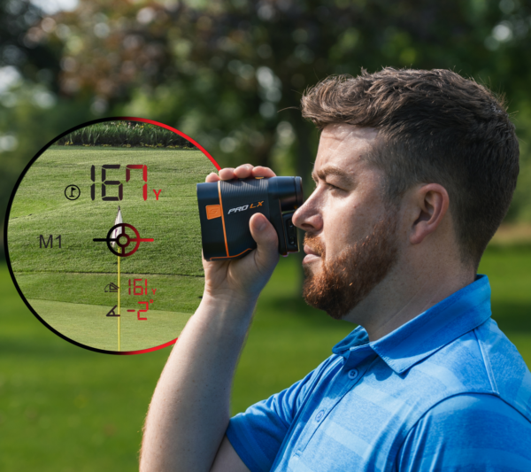 Male golfer using Orange PRO LX+ rangefinder, side view with rangefinder dual optics