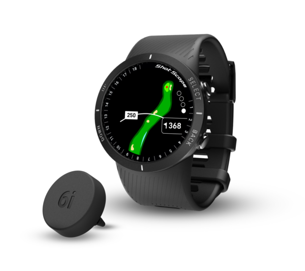 Front right view of Black V5 GPS watch with tracking tag and full hole maps